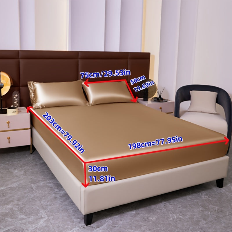 3pcs Cool But Not Icy Fresh Soft Smooth - Solid Color Satin 1pc Fitted Sheet And 1 Pair Pillowcases