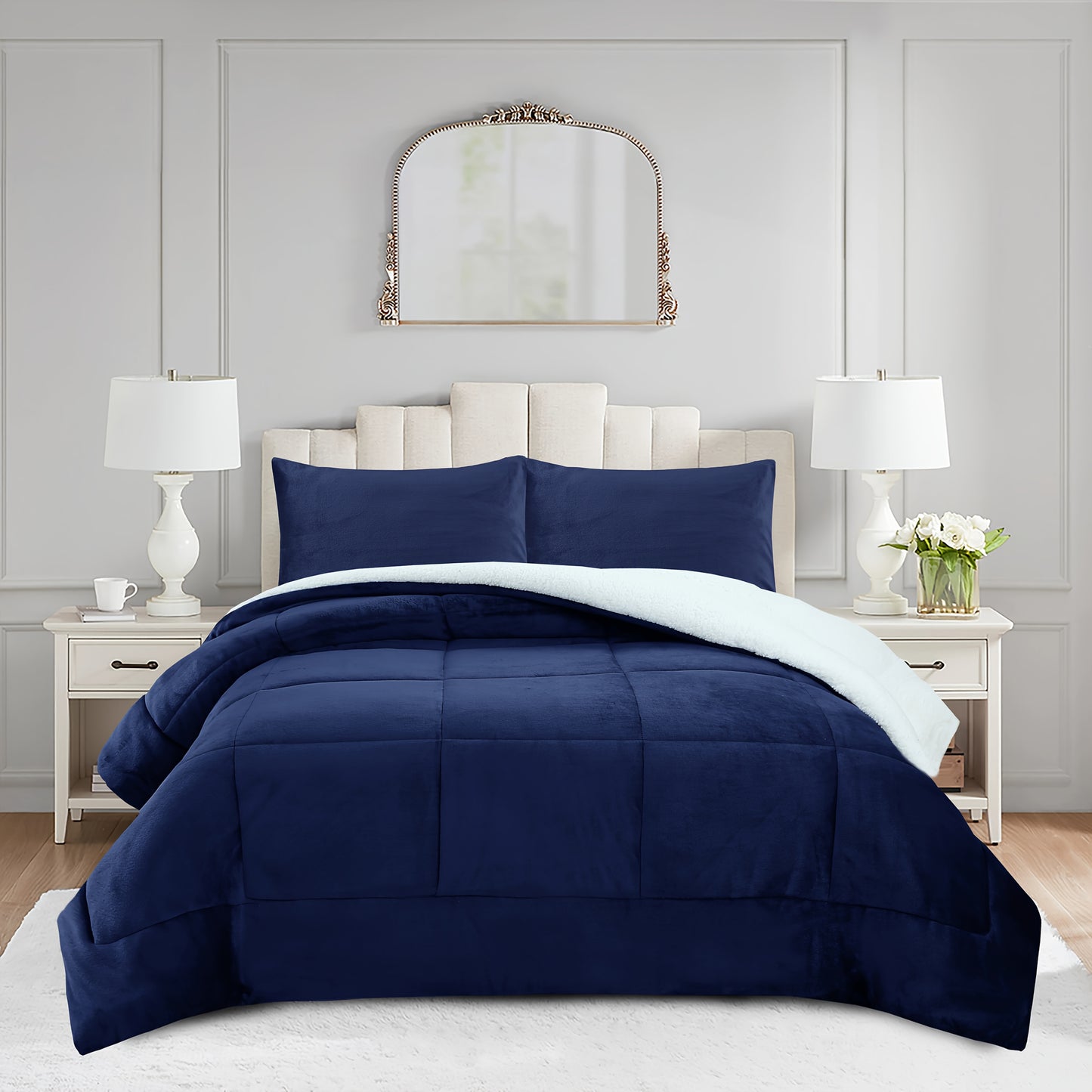 3pcs Ultra Soft Micromink Sherpa Comforter Set, Fluffy Winter Quilt for Cozy Warmth Machine Washable And Plush Reversible Comforter with 2 Pillowcases, Queen/King Size