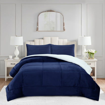 3pcs Ultra Soft Micromink Sherpa Comforter Set, Fluffy Winter Quilt for Cozy Warmth Machine Washable And Plush Reversible Comforter with 2 Pillowcases, Queen/King Size