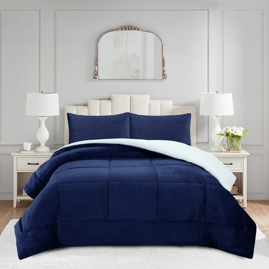 3pcs Ultra Soft Micromink Sherpa Comforter Set, Fluffy Winter Quilt for Cozy Warmth Machine Washable And Plush Reversible Comforter with 2 Pillowcases, Queen/King Size