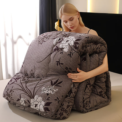1pc/Warm Plush Thick Quilt/Printed Floral Series Warm Plush Thick Quilt Features a Dark Gray-purple Color Scheme with White Floral and Dark Brown Branch and Leaf Patterns, Exuding an Exquisite, Elegant, and Romantic Pastoral Charm
