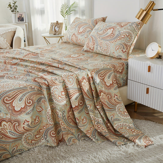 4pcs 600TC 100% Egyptian Cotton Fitted Sheet Set (1*Fitted Sheet + 1*Flat Sheet + 2*Pillowcase, Without Core), Luxury Classic Boho Paisley Bedding Set, For Bedroom Guest Room Student Dorm All Seasons