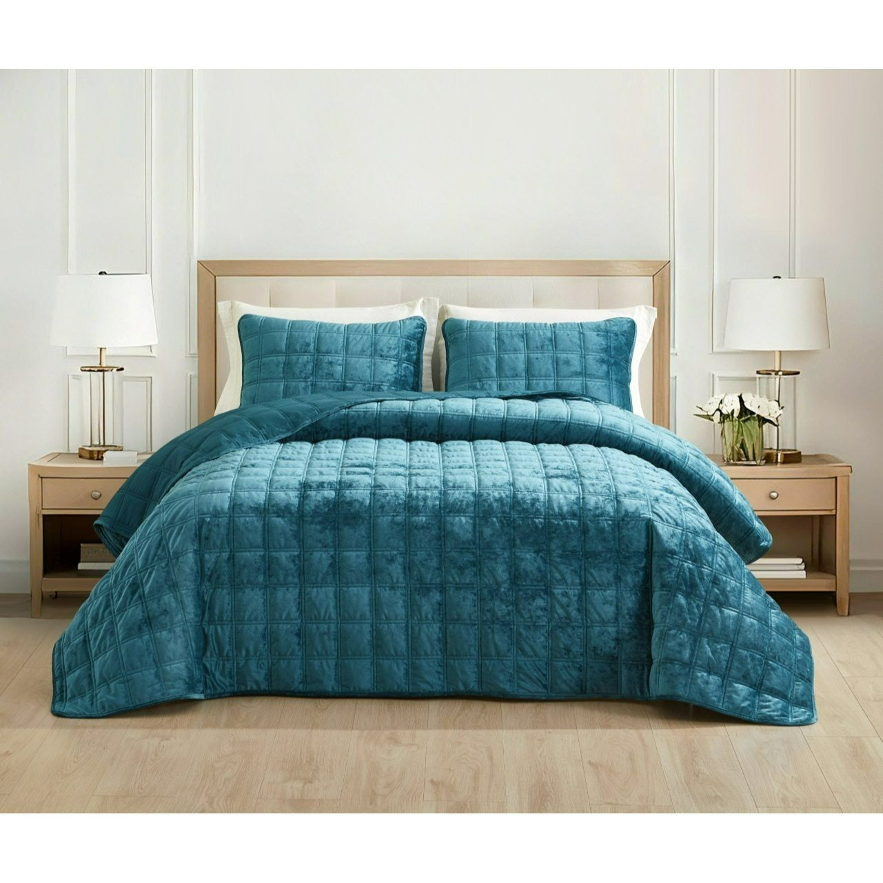 3-Piece Distressed Velvet Quilt Set, Piers Plush Velvet Bedspread Soft Washed Microfiber Reverse with Double Square Stitch Oversized King/King/Queen Size