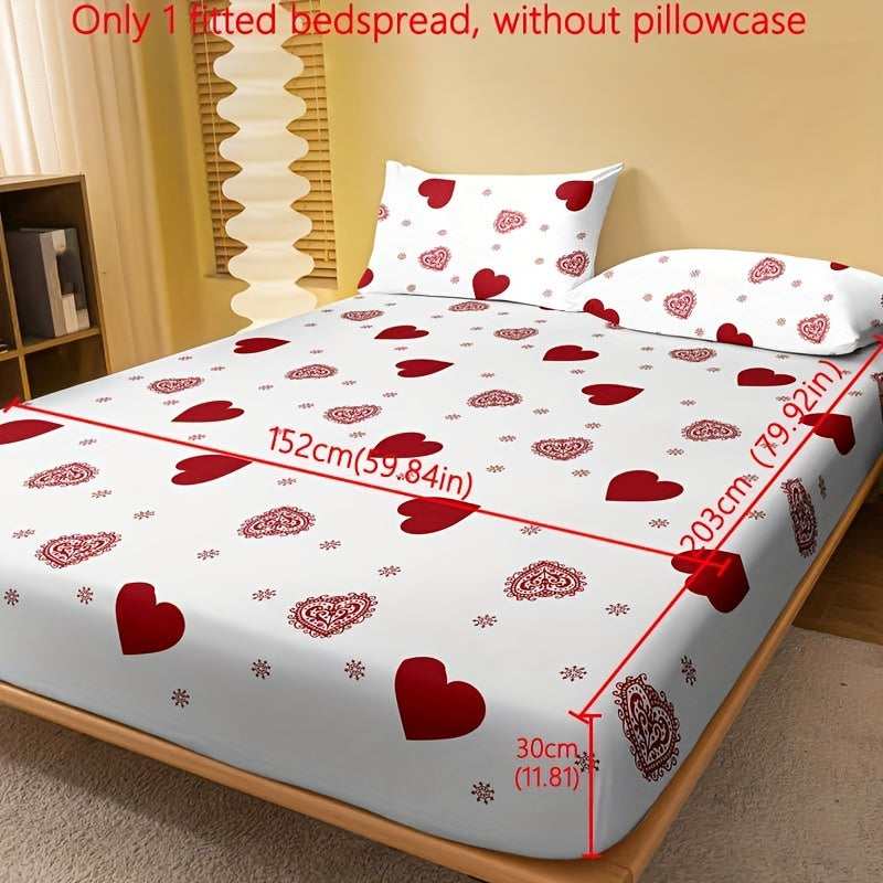 1pc Fitted Sheet, Red And White Heart Pattern Printed Bedding, Soft Comfortable Breathable Fitted Sheet for Bedroom, Guest Room, Fitted Bed Sheet Only