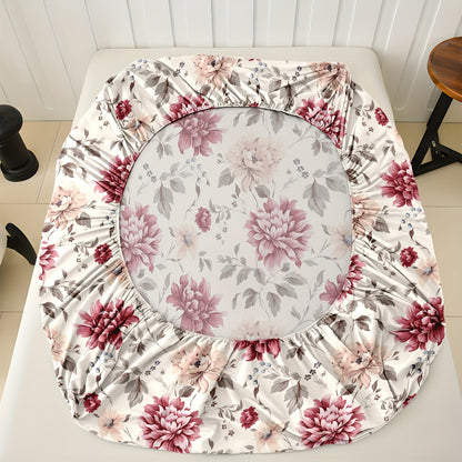 Polyester Smooth Skin-Friendly Single-Piece Fitted Sheet for King Queen Twin Size Beds with Elegant Floral Design, Red Pink Flowers Green Leaves Pattern, Ultra-Soft Breathable Bed Sheet for Cozy Bedroom Decor