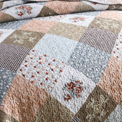 Garden Floral Printed 3pcs Quilt Set, Lightweight Reversible Microfiber Bedspread and Coverlet Set with Shams, Machine Washable, All Season Comfort, Oversized Quilted Bedding (1 Bedspread, 2 Pillowcase, Without Core), Brown