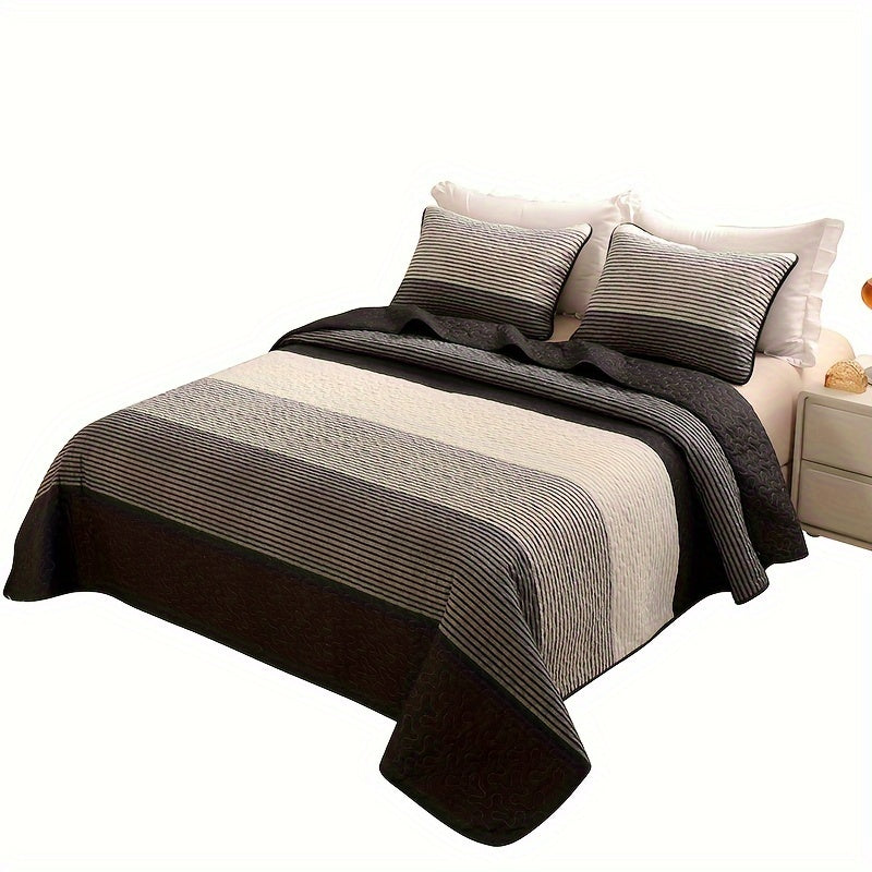 3pcs Brushed Print Quilted Bedding, Black And White Stripe Bedding