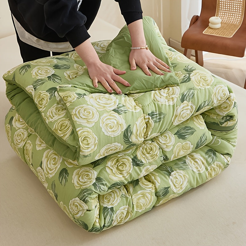 3pcs Fresh Green Rose Floral Set/Active Printing Technology/Multi-Directional Fixed Quilting/High Rebound Polyester Fiber Filling/Softer And Fluffier Feel/Suitable for Year-Round Use in Bedrooms, Guest Rooms, Dormitories