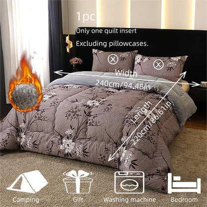 1pc/Warm Plush Thick Quilt/Printed Floral Series Warm Plush Thick Quilt Features a Dark Gray-purple Color Scheme with White Floral and Dark Brown Branch and Leaf Patterns, Exuding an Exquisite, Elegant, and Romantic Pastoral Charm