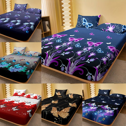 1pc Brushed Fitted Sheet, Soft Comfortable Butterfly Floral Print Bedding Fitted Sheet, for Bedroom, Guest Room, with Deep Pocket, Fitted Bed Sheet solely, Without Pillowcase
