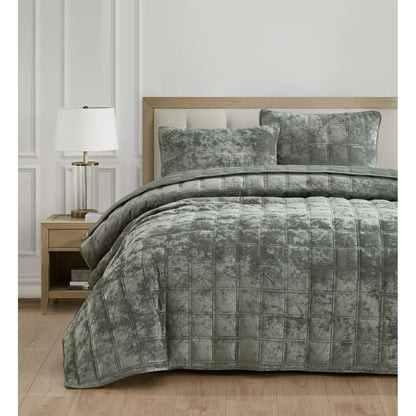 3-Piece Distressed Velvet Quilt Set, Piers Plush Velvet Bedspread Soft Washed Microfiber Reverse with Double Square Stitch Oversized King/King/Queen Size
