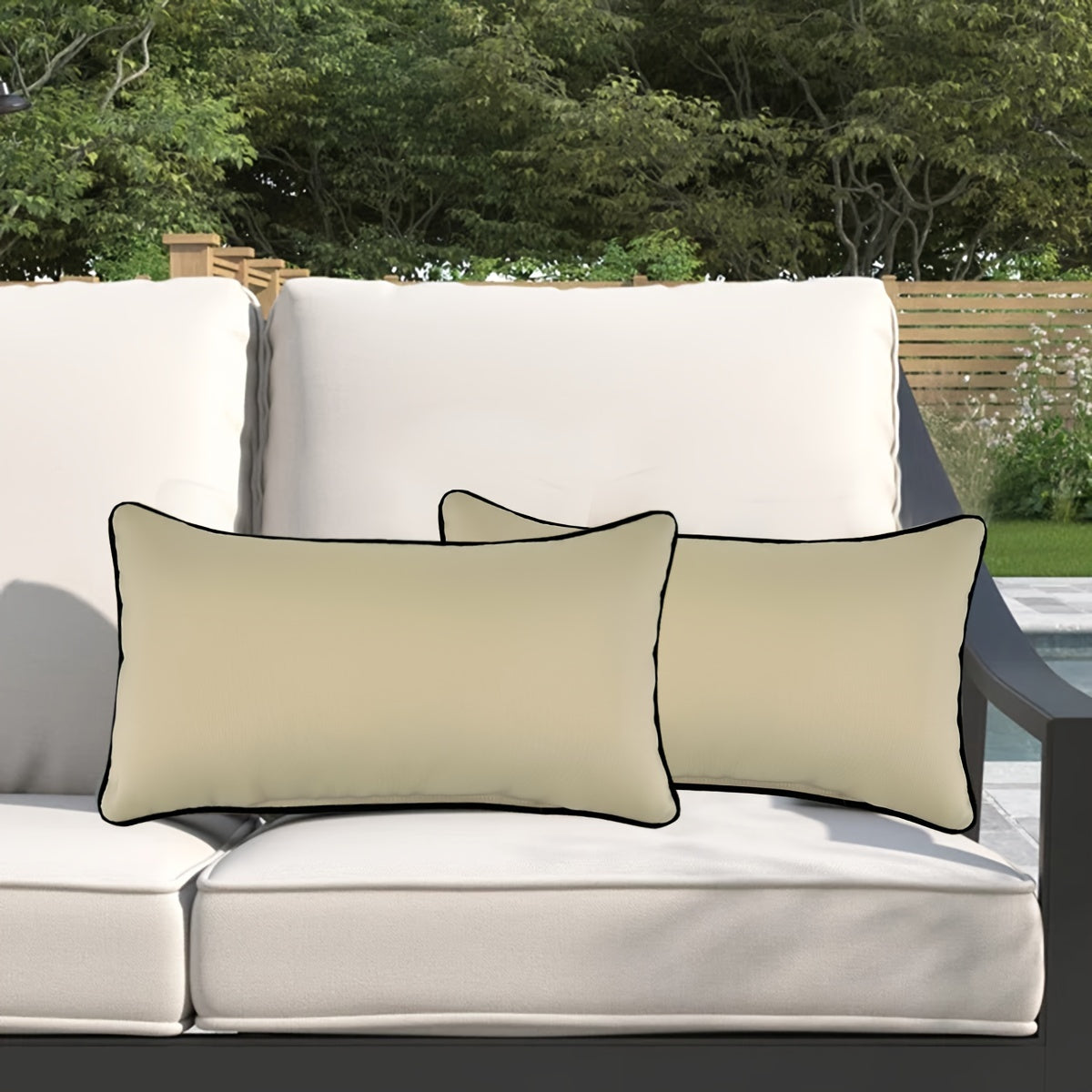 2pcs Beige And Blue Lumber Pillow Outdoor High Quality And -proof Rectangular Pillow, White and Black Edge Cording Waist Pillow for Chair, Couch, Bed, Car 20*11 Inch(2pcs, Cover with Filler)