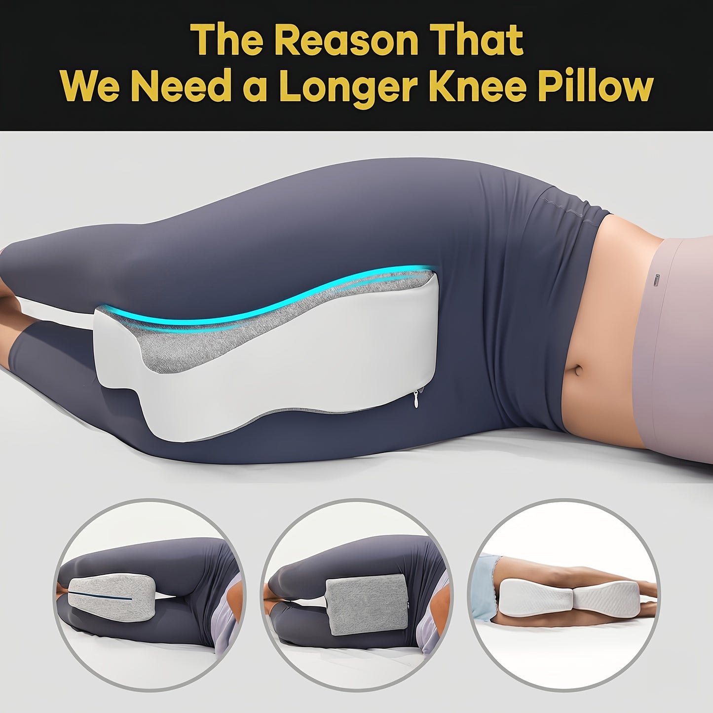 Memory Foam Knee Pillow for Side Sleepers – Long 14'' Leg Support Cushion, Keeps Knees Separated. Neutrally with Washable Breathable Cooling Cover in Large Gray - Ideal Comfort During Pregnancy and Nighttime, Contoured Shape, Ergonomic Design