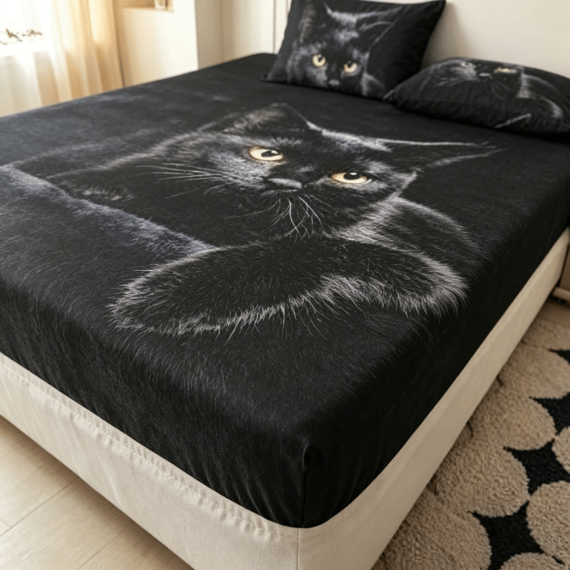 Soft Breathable Microfiber Fitted Sheet - Machine-Washable Easy Care, Deep Pocket Non-Slip Elastic Edge, Black Cat Print Novelty Design, Comfortable for All Seasons, Fits Most Single Bed Mattresses