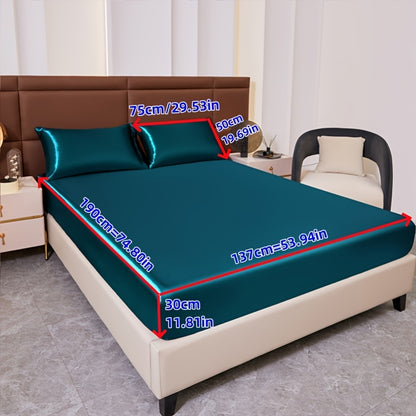 3pcs Cool But Not Icy Fresh Soft Smooth - Solid Color Satin 1pc Fitted Sheet And 1 Pair Pillowcases