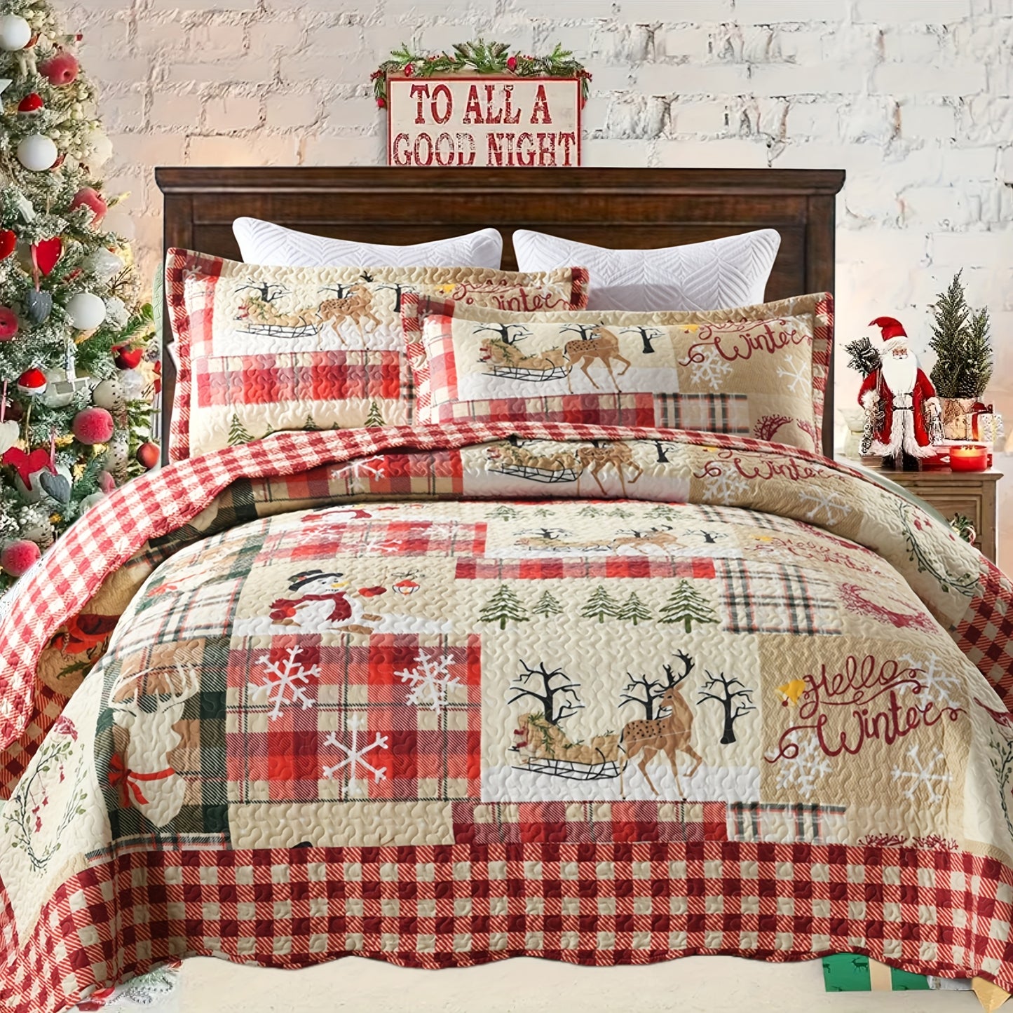 3pcs Queen/King Size Christmas Quilt Set with Bedspread, Comforter & Throw Blanket - Rustic Lodge Deer Bedding Ensemble, Quilted Snowman Deer & Snowflake Pattern, Machine Washable Bedspread Coverlet (Queen/King, Fill)
