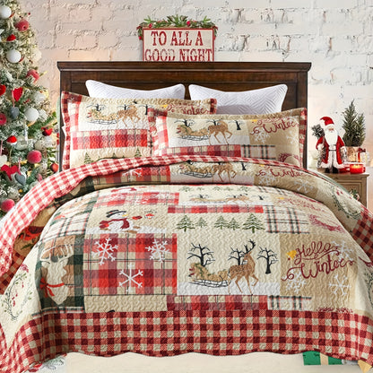 3pcs Queen/King Size Christmas Quilt Set with Bedspread, Comforter & Throw Blanket - Rustic Lodge Deer Bedding Ensemble, Quilted Snowman Deer & Snowflake Pattern, Machine Washable Bedspread Coverlet (Queen/King, Fill)
