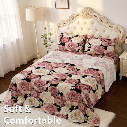 This Set of Four Peony-Patterned Fitted Sheets Is Crafted from Soft, Breathable Microfiber Material, Ensuring Comfort. It Comes with a Deep-Pocket Sheet, a Chic Bedspread, And Two Pillowcases. Perfect for a Family Bedroom