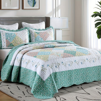 3pcs Green Patchwork Quilt Set Reversible Bedspread Lightweight Bedding with 2pcs Pillow Shams, All Season